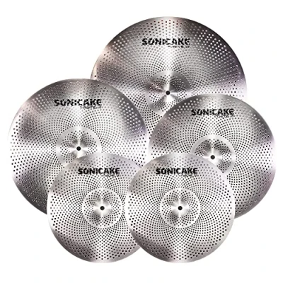 Image de SONICAKE cymbales à faible volume 14&quot; HiHat+16&quot; Crash+18&quot; Crash+20&quot; Ride jeu de mèche 5 pièces argent