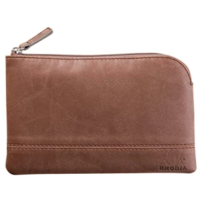 Image de RHODIA 116524C Pochette Zippée en Simili Cuir Chocolat Taille S (11 x 17 cm) Coutures Véritables Intérieur Tissu Orange Rangement Documents, Petites Fournitures