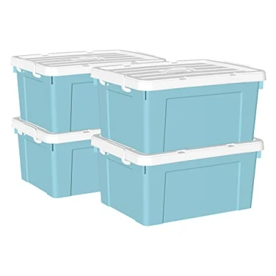 Image de Cetomo 35L*4 boîte de rangement en plastique, fourre tout, récipient d&#039;organisation avec couvercle durable et boucles verrouillage sécurisées, empilable emboîtable, lot 4, bleu boucle