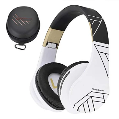 Image de PowerLocus Casque Bluetooth sans Fil, Audio stéréo Pliable Fil et Filaire avec Micro intégré, SD/TF, FM pour iPhone/Wiko/Samsung/iPad/PC (Noir/Blanc)