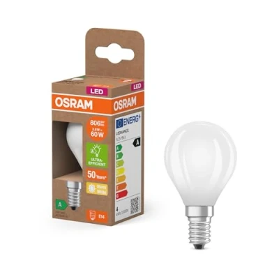Image de OSRAM de classe énergétique en forme mini bouclassique, 3,8 W / 806 lm, EEK A, lumière blanc chaud (2 700 K), CRI 80, verre dépoli sans plomb, culot E14, IP20, 45 mm DM, lot 6