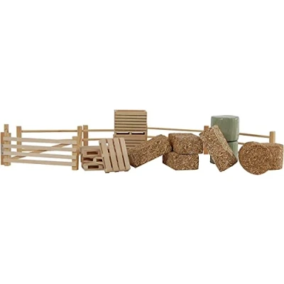Image de Kids Globe Farming 610253 Kit d&#039;accessoires (avec clôtures, Boules de Foin, caisses à Pommes Terre et palettes en Bois 1:32) Multicolore