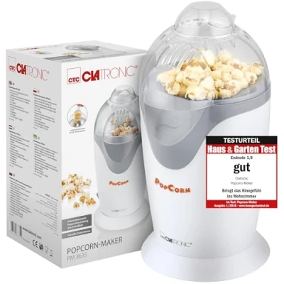 Image de Clatronic PM 3635 machine à pop corn électrique, pour la maison, préparation rapide avec bac de portionnement, sans graisse ni huile, 1200 watts, blanc