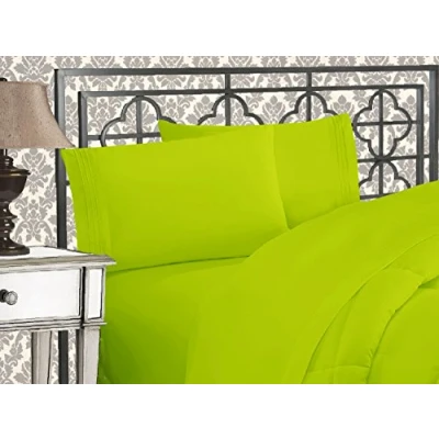 Image de Elegant Comfort Parure de lit Douce 4 pièces à Contexture 1500 Fils avec Broderie Trois Lignes, résistante aux Plis et la décoloration, pour Grand lit, Vert Citron