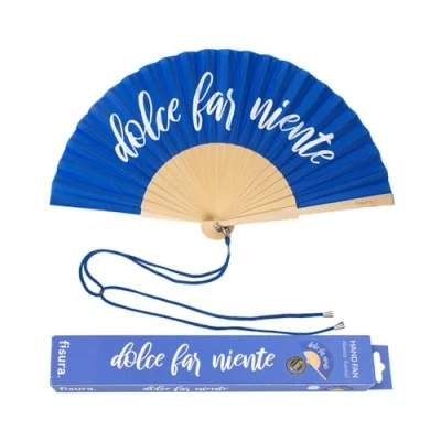 Image de Fisura Éventail Original avec Le Message “Dolce Far Niente. Moderne en Bois et Amusant. Bleu Blanc. Cordon pour éventail. Dimensions : 42,5 x 23 cm.
