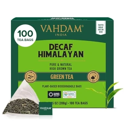 Image de VAHDAM, Decaf Himalayan Thé Vert (100 Sachets De Pyramid) 100% Pur Et Naturel Directement La Source En Inde Infusion Chaude/Glacée