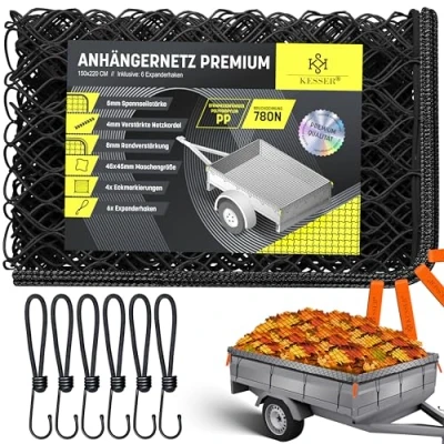 Image de KESSER® Filet de remorque 2 x 3 m à mailles fines suspension avec corde serrage et cordon conteneur pour sécuriser le chargement sécurité Marquages d&#039;angle,