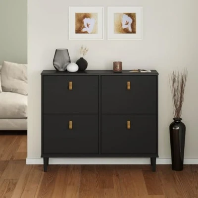 Image de Meuble à chaussures MIKKA en bois, étagère rangement avec 4 abattants pin massif noir