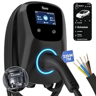 Image de Tera EV Chargeur Intelligent avec Application 32A Type 2 22 KW borne de Recharge à Domicile 400V CE &amp; TÜV Wallbox 7 m câble Support contrôle l&#039;application câblage Fixe W01 Noir