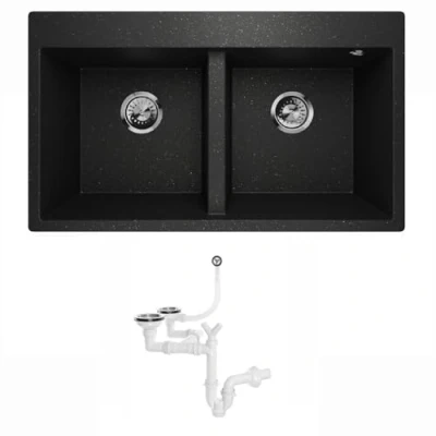 Image de Lavello Elle 2.0 Évier de cuisine en granit double évier encastrable avec siphon Noir doré