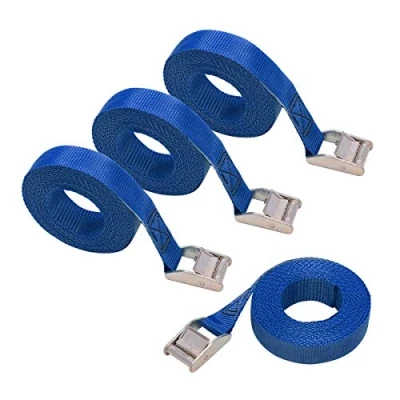 Image de Amazon Basics Lot de 4 sangles d’arrimage, longueur 2.5 m, largueur 25 mm, capacité d’arrimage 150 kg, DIN Bleu