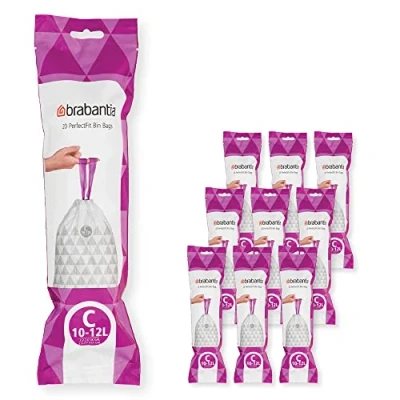 Image de Brabantia Sacs Poubelle PerfectFit Multipack (Code C/10 12 Litres) Ultra Résistant, Poignées Coulissantes, 10 rouleaux (200 Sacs) 137983 Blanc