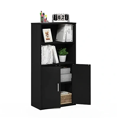 Image de Furinno Pasir Bibliothèque de Rangement avec 2 étagères Ouvertes et Portes, Chêne/Noir