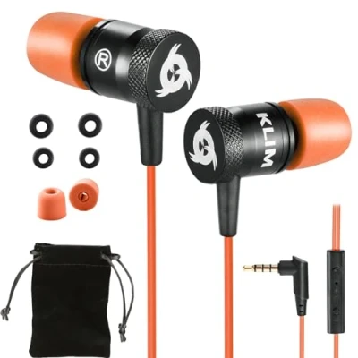 Image de KLIM Fusion Ecouteurs Haute Qualité Audio Durables + Garantis 5 Ans Innovant Ecouteur Intra auriculaire avec Mousse à Mémoire de Forme et Microphone Prise Jack 3,5mm Version 2022 Orange