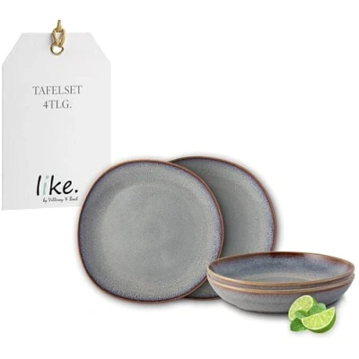 Image de like. by Villeroy &amp; Boch Lave Ensemble De Vaisselle En Grès, 4 P., Look Poterie, Service Table Pour 2 Personnes, Beige