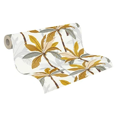 Image de A.S. Création papier peint intissé Geo Nordic effet jungle palmier 10,05 m x 0,53 blanc gris orange 375302 37530 2