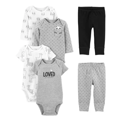 Image de Simple Joys by Carter&#039;s 6 Piece Neutral Bodysuits (Short Long Sleeve) and Pants Set Ensemble Layette, Blanc Lama/Gris Imprimé Texte/Noir/Panda, 0 3 Mois Mixte Bébé