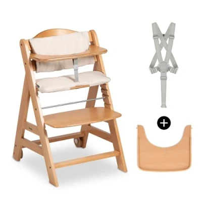 Image de hauck Chaise Haute Bébé Evolutive Beta+ en Bois Certifié FSC® Inclus Coussin d&#039;Assise, Barre de Sécurité, Sangle d&#039;Entrejambe, Harnais 5 Point 6 Mois à 90 kg Natural