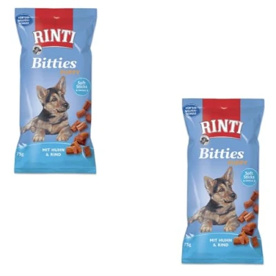 Image de Rinti Bitties Puppy Poulet &amp; Bœuf Pack de 4 x 75 g Complément Alimentaire pour Chiots avec Oméga 3 Le développement cérébral sans Sucre soja