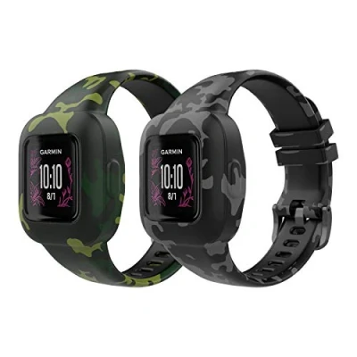 Image de MoKo Lot de 2 Bracelets Compatible avec Garmin Vivofit jr. 3 pour Enfants, Bande Montre Remplacement en Silicone Motif Mignon, Vert Camouflage &amp; Gris