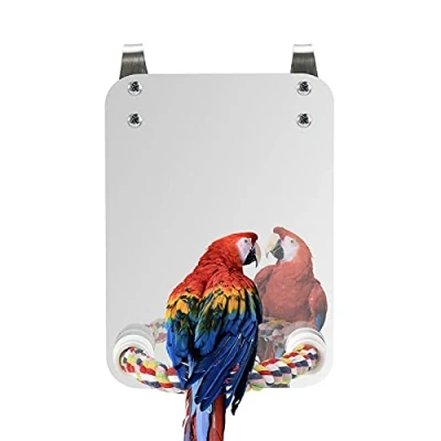 Image de iFCOW Miroir pour oiseaux avec perchoir en corde, jouet acrylique perroquets, amazones, perruches, calopsittes et inséparables