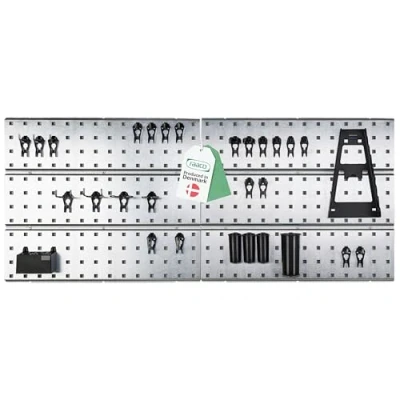 Image de raaco Set de 2 TWP Panneau Perforé Galvanisé Mur d&#039;Atelier avec 28 SuperClips, 104 x 44 cm, Capacité 150 kg, Support Mural Pour Outils, Système d&#039;Organisation d&#039;Atelier, Atelier &amp; Garage