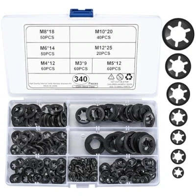 Image de 340 Pcs Rondelles Starlock, De Blocage, À Verrouillage, Vitesse Pousser Des Clips Fixations M3/M4/M5/M6/M8/M10/M12, Noir