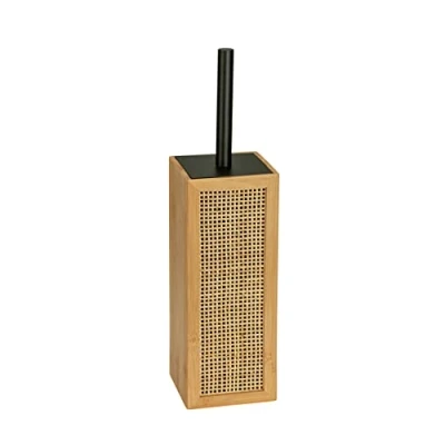 Image de WENKO Kit brosse WC Allegre, porte décoratif de style bohème et tendance, en bambou rotin tressé haute qualité, avec manche acier inclus, 9,5 x 36,5 cm, naturel/noir