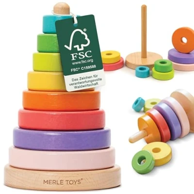 Image de Merle Toys® Tour à Empiler en Bois pour Bébé Jouet Montessori dès 1 an, Jeu d&#039;Empilage avec 8 Anneaux, 100% FSC Certifié, Empilable an