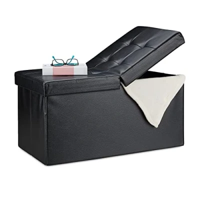 Image de Relaxdays Banquette, avec espace de rangement, pliable, Apparence en cuir, couvercle rabattable, Banc coffre, noir