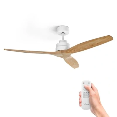 Image de Ufesa Ventilateur de Plafond, 40W, 6 Vitesses, Ultra Silencieux, 3 Pales en Bois Naturel 132cm, Fonction été hiver, Minuterie 8h, Télécommande, Blanc Clair