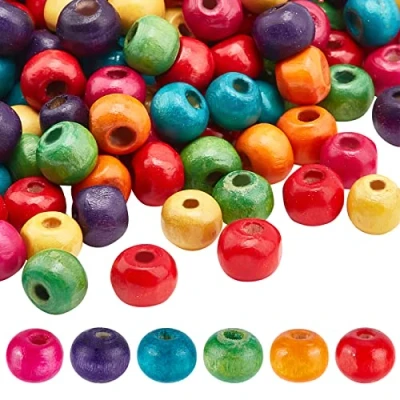 Image de PandaHall 200pcs Perles en Bois Couleur Rondes Artisanales d&#039;espacement pour Collier Macramé Guirlande, melangee, 7x6mm, Trou: 3mm