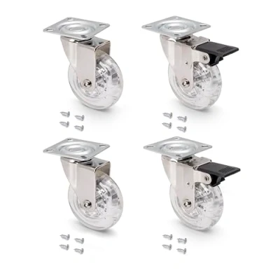 Image de Emuca 2036120 Lot de 4 roulettes pivotantes pour meuble Ø75mm avec plaque fixation et roulement à billes, en caoutchouc couleur transparent