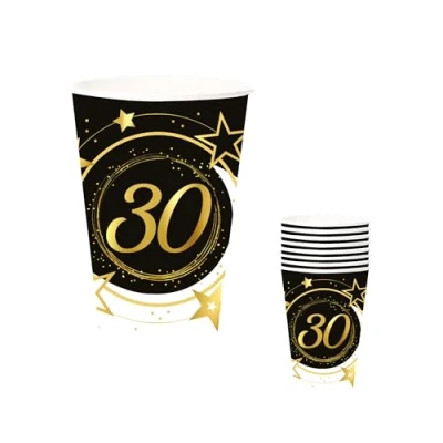 Image de FIESTAS GUIRCA 6 Gobelets Jetables de 30 Ans (240 ml) (9 cm) Décoration Table pour Fêtes Idéal Célébrations et Événements Noir, Or, Blanc