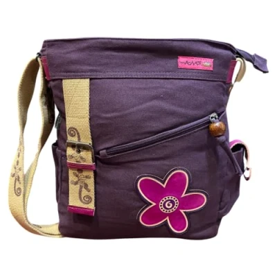 Image de Sac Ethnique en coton aux imprimés colorés et empiècements cuir, à bandouliere cuir Pour Femme Indien coloré (Mauve)