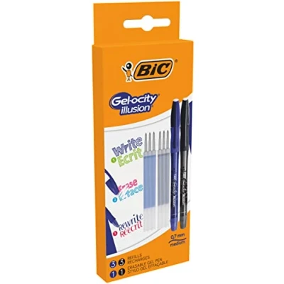 Image de BIC Gel ocity Illusion Stylo Effaçable Pointe Moyenne (0,7 mm) Bleu et Noir, Pack carton de 2 + 6 Recharges