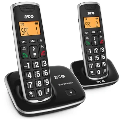 Image de SPC Duo Comfort Kaiser Téléphone Noir sans Fil avec Grandes Touches et Grands Chiffres, Compatible Les appareils auditifs, possédant Un répertoire de 20 Noms numéros Mains Libres, 7609N
