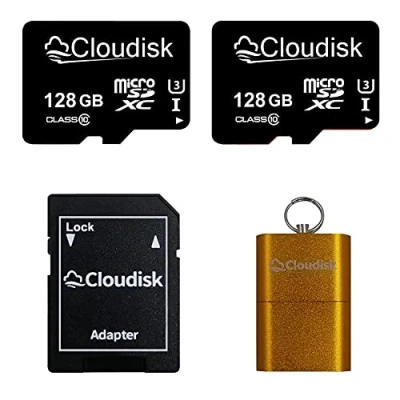 Image de Cloudisk 2 Pack 128gb Carte microSD mémoire Micro sdxc avec Adaptateur Pleine Grandeur et Lecteur de uhs I U3 class10 Vendu en Vrac