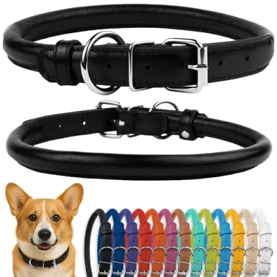 Image de CollarDirect Collier de Chien en Cuir roulé, Chiot Rond rembourré Doux, véritable Fait à la Main pour Petit Grand Chat (30 35 cm, Noir texturé)
