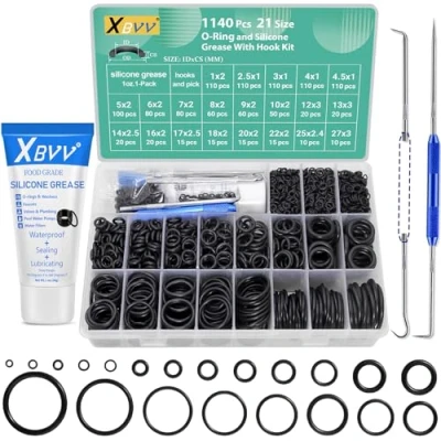 Image de XBVV Assortiment de 1140 joints toriques et kit graisse silicone 1 oz pour plombier robinet pression machine à laver réparation en caoutchouc sanitaire lubrifiant, 21 tailles