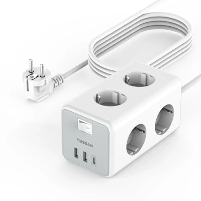 Image de TESSAN 6 Prises Multiprise USB C, Prise Multiple avec Rallonge Electrique 5M, Tour 1 C et 2 A, 9 en Interrupteur, 3600W Bloc 5M pour Le Bureau