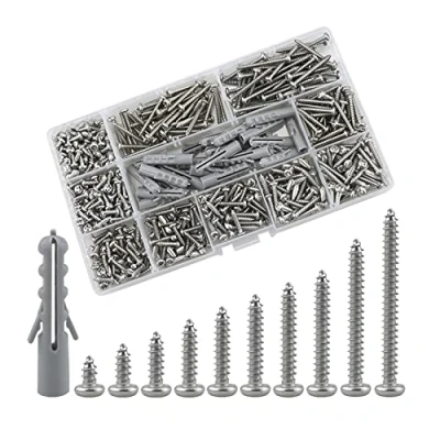Image de vis autotaraudeuses M3 à tête bombée,630 bois autoforeuses assortiment de chevilles murales d&#039;expansion,vis autoperceuses en acier inox(6/8/10/12/14/16/18/20/25/30mm)(argent)