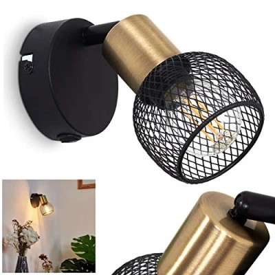 Image de HOFSTEIN Applique murale Cairns en métal noir et doré, spot vintage orientable à abat jour grillagé créant un effet lumineux au mur, pour 1 ampoule E14, ampoule(s) non incluse(s)