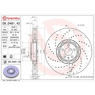 Image de BREMBO 09.D481.43 disque de frein 420 40 5 percé/revêtement int., en deux parties revêtu à haute teneur carbone AUDI: A6 C8 Avant
