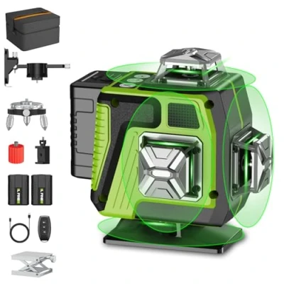 Image de Niveau Laser Vert 4 x 360, Chantier Horizontal Vertical 4D 16 Lignes avec Fonction d&#039;auto Nivellement, Support Magnétique, Télécommande, 2 Batteries (vert)