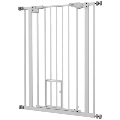 Image de PawHut Barrière de sécurité Animaux 104H cm avec Porte Fermeture Automatique système Double Verrouillage sans percage 74 à 80 Acier Blanc