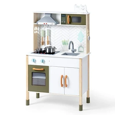 Image de ROBUD Cuisine en Bois pour Enfants avec lumière et Son, Accessoires de Cuisine, hotte aspirante, Four à Micro Ondes, Tout Petits partir 3 Ans