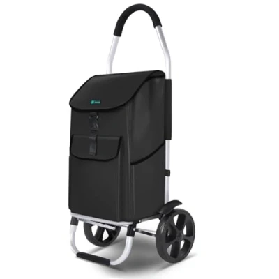 Image de VOUNOT Chariot de Courses 2 Roues en Aluminium avec Compartiment Impermeable Caddie Pliable 1 Sac Noir 45L