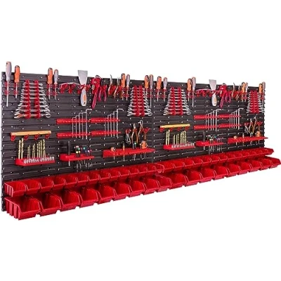 Image de Système de Rangement 46 bacs a Bec, Mural Outils, Panneau Porte Outils 230 x 78 cm, Crochets et Support à Étagère modulable, Atelier Garage, Banc Travail