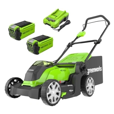 Image de Greenworks G40LM41K2X Tondeuse à Gazon sans Fil pour Pelouses Jusqu&#039;à 500m², Largeur de Coupe 41 cm, Sac 50L, INCLUS Deux Batteries 40V 2Ah et Un Chargeur, Garantie 3 Ans